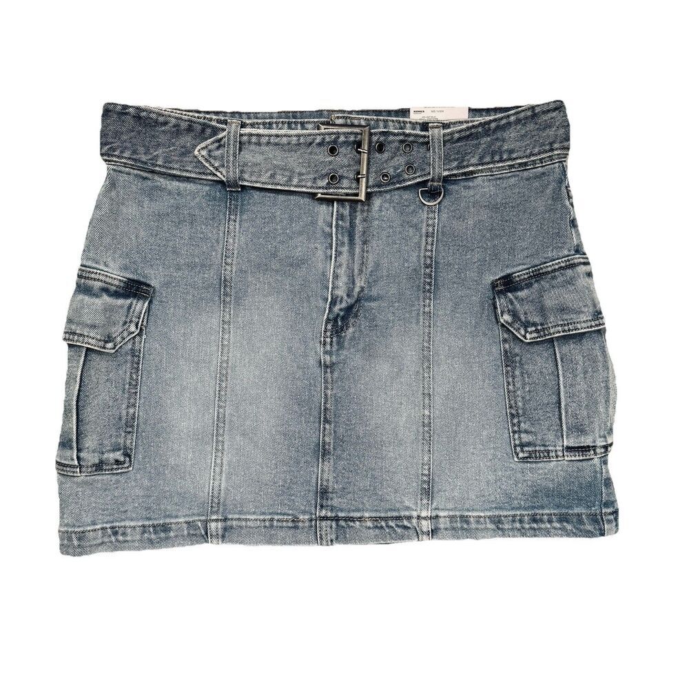 SO Denim Mid Rise Skirt 15/32 (W33 x L16.5) Blue Belt Pockets Stretch Juniors